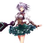  bare_legs black_gloves black_ribbon blue_eyes breasts center_opening ciel_alencon corset cowboy_shot expressionless fingerless_gloves gloves god_eater god_eater_2:_rage_burst green_skirt hair_between_eyes hair_ribbon head_tilt holding holding_weapon ishiwari large_breasts layered_skirt looking_at_viewer messy_hair parted_lips red_ribbon ribbon shirt short_hair silver_hair simple_background skirt solo turtleneck underbust weapon white_background white_shirt wrist_cuffs 