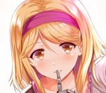 :d aldehyde bangs blonde_hair blush collarbone djeeta_(granblue_fantasy) eyebrows eyebrows_visible_through_hair face fighter_(granblue_fantasy) finger_to_mouth frills gauntlets granblue_fantasy hair_between_eyes hairband index_finger_raised light_smile lips looking_at_viewer open_mouth pink_hairband short_hair shushing smile solo tareme upper_body yellow_eyes 