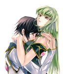 1girl bangs between_breasts black_hair breasts c.c. closed_eyes code_geass covered_mouth detached_sleeves eyebrows eyebrows_visible_through_hair from_side green_hair hair_between_eyes hand_on_another's_shoulder head_between_breasts hetero hug jewelry lelouch_lamperouge long_hair meimi_k parted_lips simple_background upper_body white_background yellow_eyes 