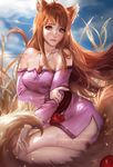  animal_ears apple bare_shoulders blue_sky blush breasts brown_eyes brown_hair holo long_hair looking_at_viewer realistic red_eyes sakimichan sitting solo spice_and_wolf tail wheat wolf_ears wolf_tail 