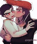  2boys :d absurdres bangs barry_nah black_hair black_jacket blush brown_hair danganronpa:_trigger_happy_havoc danganronpa_(series) from_side grey_background grey_jacket highres hug ishimaru_kiyotaka jacket kiss kissing_cheek long_sleeves looking_at_another lower_teeth male_focus medium_hair multiple_boys notice_lines oowada_mondo pompadour profile red_eyes short_hair simple_background smile teeth yaoi 