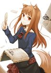  animal_ears ayakura_juu book brown_hair craft_lawrence feathers highres holding holding_book holo ink jewelry long_hair necklace official_art paper pen quill red_eyes smile solo spice_and_wolf tail white_background wolf_ears 