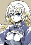  blonde_hair blue_eyes braid breasts capelet fate/apocrypha fate_(series) headpiece ishida_akira jeanne_d'arc_(fate) jeanne_d'arc_(fate)_(all) large_breasts long_hair looking_at_viewer single_braid smile solo 