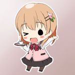  &gt;_o brown_hair chibi gochuumon_wa_usagi_desu_ka? hair_ornament hoto_cocoa lowres one_eye_closed open_mouth ponareon_ponaparte purple_eyes rabbit_house_uniform smile solo 