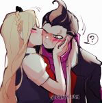  1boy 1girl ? bangs barry_nah black_bow black_hair blush bow bowtie braid closed_mouth couple danganronpa_(series) danganronpa_2:_goodbye_despair from_side grey_background grey_hair hair_bow hetero highres jacket kiss kissing_cheek long_hair multicolored_hair one_eye_closed open_clothes open_jacket pink_scarf puffy_short_sleeves puffy_sleeves red_bow red_bowtie scarf short_hair short_sleeves simple_background sonia_nevermind spoken_question_mark tanaka_gandamu twitter_username upper_body 