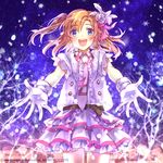  :d belt blue_eyes gloves half_updo kousaka_honoka long_hair love_live! love_live!_school_idol_project momoko_(momoko14) one_side_up open_eyes open_mouth orange_hair outstretched_arms smile snow_halation snowflakes solo vest 