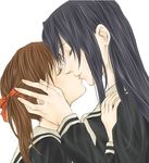  black_hair brown_hair closed_eyes couple eyelashes face fukuzawa_yumi hand_on_another's_face hand_on_another's_head kiss long_hair maria-sama_ga_miteru mico3 multiple_girls ogasawara_sachiko school_uniform serafuku twintails white_background yuri 