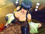  1girl bare_shoulders black_wings blue_hair blunt_bangs breasts censored cleavage clothed_female_nude_male dead_or_alive dead_or_alive_5 detached_sleeves feathered_wings folding_fan girl_on_top hair_ornament hair_stick hairpin highres large_breasts legs long_hair looking_down mole mole_under_mouth mosaic_censoring nail_polish nyotengu penis pink_eyes raburebo rubbing sitting sitting_on_person skin_tight solo_focus straddling thigh_boots thighs tokin_hat wide_sleeves wings 