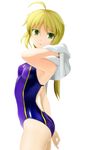  ahoge artoria_pendragon_(all) ass back_cutout blonde_hair breasts competition_swimsuit cowboy_shot fate/stay_night fate_(series) from_side green_eyes holding holding_towel long_hair looking_to_the_side one-piece_swimsuit parted_lips ponytail saber simple_background small_breasts solo swimsuit taka_(takahirokun) towel towel_around_neck twisted_torso white_towel 