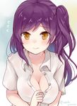  blush breasts brown_eyes chiune_(yachi) cleavage flying_sweatdrops hagikaze_(kantai_collection) kantai_collection large_breasts long_hair looking_at_viewer no_gloves one_side_up purple_hair school_uniform short_sleeves smile solo twitter_username unbuttoned unbuttoned_shirt upper_body 