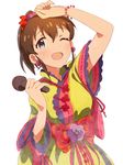  blue_eyes blush brown_hair dani-ikapi idolmaster idolmaster_million_live! japanese_clothes looking_at_viewer microphone open_mouth ponytail satake_minako simple_background smile solo 