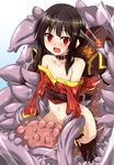  bare_shoulders black_hair blush bottomless collar cover_image fingerless_gloves fumihiro gloves kono_subarashii_sekai_ni_shukufuku_wo! megumin red_eyes restrained short_hair solo tentacles thighhighs 