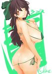  absurdres ass bikini black_hair blush bow breasts cekonikova cowboy_shot derivative_work green_bikini green_bow hair_bow highres huge_breasts long_hair looking_back micro_bikini one_eye_closed red_eyes reiuji_utsuho side-tie_bikini simple_background solo standing swimsuit touhou 