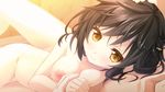  1girl black_hair breasts collarbone game_cg hair_ornament hand_on_another's_head holding_hands izumi_aoi looking_at_viewer lying medium_breasts natsu_uso_-ahead_of_the_reminiscence- nipples nude riichu smile solo_focus uso_(campus) yellow_eyes 