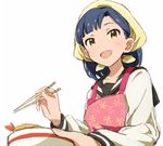  apron blue_hair blush chopsticks dani-ikapi food head_scarf idolmaster idolmaster_million_live! looking_at_viewer nanao_yuriko short_hair smile solo tempura yellow_eyes 