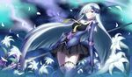  armor breasts brynhildr_(fate) fate/prototype fate/prototype:_fragments_of_blue_and_silver fate_(series) field flower flower_field hair_over_one_eye highres kauto lily_(flower) long_hair medium_breasts polearm purple_eyes silver_hair skirt solo spear thighhighs very_long_hair weapon 