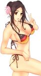  bad_id bad_pixiv_id bikini black_hair breasts brown_eyes cleavage flag flag_print flower german_flag german_flag_bikini green_kaminari hair_flower hair_ornament highres large_breasts looking_at_viewer multiple_girls muvluv muvluv_alternative muvluv_total_eclipse navel open_mouth pham_thi_ran print_bikini schwarzesmarken short_hair side-tie_bikini smile standing standing_on_one_leg swimsuit teeth transparent_background v 