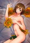  ;p blush breasts brown_eyes brown_hair character_name covering covering_breasts flower highres honda_mio idolmaster idolmaster_cinderella_girls j_orange large_breasts looking_at_viewer nude one_eye_closed short_hair smile solo sunflower tongue tongue_out w 