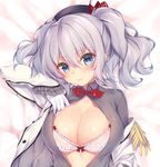  beret blue_eyes breasts dakimakura epaulettes frilled_sleeves frills hat kantai_collection kashima_(kantai_collection) large_breasts long_hair military military_uniform obiwan silver_hair solo twintails undressing uniform upper_body wavy_hair 