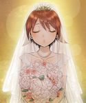  bouquet bride brown_hair closed_eyes dress flower hair_ornament incoming_kiss jewelry miyafuji_yoshika necklace pearl_necklace rose short_hair solo strike_witches totonii_(totogoya) veil wedding wedding_dress world_witches_series 