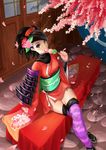  absurdres armor black_hair blush bmh dango flower food hair_flower hair_ornament highres japanese_armor japanese_clothes kimono looking_at_viewer momohime oboro_muramasa petals sanshoku_dango shadow sitting solo thighhighs wagashi yellow_eyes zettai_ryouiki 