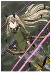  animal_ears blonde_hair feathers flying grete_m_gollob grin gun highres holding holding_weapon long_hair long_sleeves machine_gun mg42 military military_uniform pantyhose red_eyes smile solo striker_unit uniform wan'yan_aguda weapon world_witches_series 