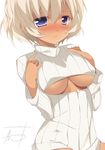  :/ bad_deviantart_id bad_id blue_eyes blush breasts closed_mouth covered_nipples cowboy_shot dark_skin hair_between_eyes hands_on_own_chest long_sleeves looking_at_viewer medium_breasts nijiiru no_bra nose_blush ribbed_sweater short_hair signature simple_background solo sweater tareme turtleneck underboob underboob_cutout white_background white_hair 