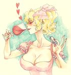  blonde_hair bow breasts cleavage closed_eyes collarbone colored_pencil_(medium) cup curly_hair drinking_glass fingernails flandre_scarlet food frilled_sleeves frills hair_bow heart holding large_breasts long_fingernails macaron mago_(gengennikoniko) nail_polish no_hat no_headwear older pink_bow profile red_nails short_hair side_ponytail solo touhou traditional_media upper_body wine_glass 