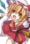  ascot blonde_hair bow crystal fang flandre_scarlet hat hat_bow hat_ribbon janne_cherry mob_cap open_mouth puffy_short_sleeves puffy_sleeves red_eyes ribbon short_sleeves side_ponytail simple_background skirt skirt_set solo touhou white_background wings wrist_cuffs 