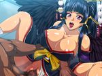  1girl areola_slip areolae bare_shoulders black_wings blue_hair blunt_bangs breasts censored clothed_female_nude_male dead_or_alive dead_or_alive_5 feathered_wings hair_ornament hair_stick hairpin highres japanese_clothes large_breasts legs long_hair lying makeup mole mole_under_mouth mosaic_censoring nyotengu open_mouth panties panties_aside penis pink_eyes pussy raburebo sex solo_focus spread_legs thighs underwear vaginal wings 