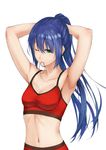  adjusting_hair armpits blue_hair bra breasts cleavage green_eyes long_hair medium_breasts one_eye_closed original ponytail red_bra shigatsu_itsuka simple_background solo sports_bra tying_hair underwear white_background 