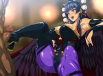  1girl armpits bare_shoulders black_wings blue_hair blunt_bangs breasts bridal_gauntlets censored cleavage clothed_female_nude_male dead_or_alive dead_or_alive_5 erect_nipples feathered_wings fingerless_gloves footjob hair_ornament hair_stick hairpin highres large_breasts legs leotard long_hair looking_at_another mole mole_under_mouth mosaic_censoring nyotengu open_mouth penis pink_eyes puffy_nipples raburebo sitting skin_tight smile solo_focus spread_legs thigh_boots thighs tokin_hat wings 