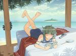 barefoot bed blush book cloud day fan full-face_blush gun highres holding holding_book legs_up looking_at_viewer lying mr_very ocean on_stomach one-piece_swimsuit original palm_tree paper_fan parted_lips reading red_pupils short_hair sky solo swimsuit the_pose tree tree_shade uchiwa water weapon wet yellow_eyes 