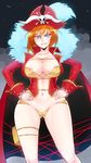  absurdres areola_slip areolae ass_visible_through_thighs bangs black_background blue_eyes breasts cameltoe cape center_opening cleavage collarbone covered_nipples frills fur_trim grin groin hair_between_eyes hands_on_hips hat high_collar highres hips horns huge_breasts kairos+ lalaco_godspeed legs_apart life_fiber long_sleeves looking_at_viewer maebari mature navel orange_hair pirate pirate_hat plume pouch revealing_clothes short_hair simple_background skull_and_crossbones sleeve_cuffs smile smoke solo space standing thigh_pouch thigh_strap thighs uchuu_patrol_luluco wide_hips 
