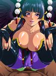  areola_slip areolae bare_shoulders black_wings blue_hair blunt_bangs breasts bridal_gauntlets censored clothed_female_nude_male dead_or_alive dead_or_alive_5 feathered_wings fingerless_gloves girl_on_top hair_ornament hair_stick hairpin highres large_breasts legs long_hair looking_at_viewer lying makeup male_pubic_hair mole mole_under_mouth mosaic_censoring nipple_slip nipples nyotengu parted_lips penis pink_eyes pubic_hair raburebo sex sitting sitting_on_person skin_tight solo_focus straddling sweat thighs through_clothes vaginal wings 