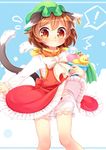  :3 animal_ears bloomers bow brown_eyes brown_hair bucket cat_ears cat_tail chen flying_sweatdrops hat ibaraki_natou mob_cap multiple_tails nekomata shirt skirt skirt_lift skirt_set solo tail touhou two_tails underwear vest 