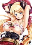  armpits arms_up bandeau bangs bare_shoulders blonde_hair blue_eyes blush breasts collarbone corset cross-laced_clothes draph eyebrows eyebrows_visible_through_hair eyelashes fang granblue_fantasy grin hair_ornament hairclip hallessena hat horns kimura_neito large_breasts long_hair looking_at_viewer looking_to_the_side low_twintails pink_lips plaid plaid_skirt pointy_ears simple_background skirt smile solo strapless twintails underboob uneven_eyes upper_body white_background 