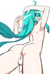 anus aqua_hair arms_up ass flaccid from_behind goushu highres long_hair looking_back m.u.g.e.n mira_misciano nude original penis pointy_ears testicles trap uncensored very_long_hair 