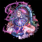  bad_id bad_pixiv_id black_background book bookmark cup dress elbow_gloves envelope flower gloves hat holding holding_staff lamp letter long_hair looking_at_viewer miazi open_book original plant purple_dress purple_eyes purple_hair red_footwear shoes solo staff table teacup very_long_hair vines white_gloves 