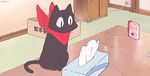 /\/\/\ 1girl animated animated_gif black_cat black_hair cat nichijou sakamoto_(nichijou) scarf shinonome_nano tears tissue tissue_box 