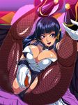  anus ass bare_shoulders black_wings blue_hair blunt_bangs breasts censored cleavage dead_or_alive dead_or_alive_5 detached_collar feathered_wings fishnet_legwear fishnets gloves high_heels highres large_breasts legs legs_up licking_lips long_hair looking_at_viewer lying makeup masturbation mole mole_under_mouth mosaic_censoring naughty_face nyotengu on_back parted_lips purple_eyes pussy raburebo solo thighs tongue_out white_gloves wings 