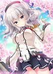  anchor_symbol blue_sky breasts cherry_blossoms cloud cowboy_shot day epaulettes gloves grey_eyes hat jacket kantai_collection kashima_(kantai_collection) kino_(kino_konomi) large_breasts long_hair long_sleeves looking_at_viewer military military_uniform petals pleated_skirt silver_hair skirt sky smile solo thighs twintails uniform wavy_hair white_gloves 