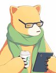  animal bear bespectacled black-framed_eyewear character_print closed_eyes coffee coffee_cup cup disposable_cup glasses green_scarf holding holding_cup kumai_natsu kumamiko no_humans print_cup scarf sebastian_(artist) simple_background solo starbucks upper_body white_background 