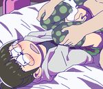  1boy 1girl bag bed black_eyes black_hair blush censored choroko_(osomatsu-san) clothed_female_nude_male clothed_sex glasses hair_bun hood hooded_jacket jacket leg_grab legs_up long_sleeves lying miniskirt mosaic_censoring nude oekaki on_back open_jacket open_mouth osomatsu-san panties panties_around_leg pencil_skirt penis polka_dot polka_dot_legwear sex short_hair skirt solo_focus suitcase thighhighs tomu_(tomubobu) 