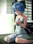  bare_arms bare_shoulders barefoot bloomers blue_eyes blue_hair bow breasts chemise cirno collarbone hair_bow highres ice ice_wings looking_at_viewer open_door open_mouth pokio ramune see-through shirt short_hair sitting small_breasts solo sweat tatami touhou underwear underwear_only wariza wet wet_bloomers wet_clothes wet_shirt wings 