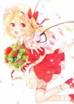 blonde_hair blush bouquet bow fang flandre_scarlet flower flower_request hair_bow hat hat_bow hat_ribbon high_heels highres miniskirt mob_cap mokyuko outstretched_arm petals petticoat pink_flower pink_rose pointy_ears red_bow red_eyes red_flower red_footwear red_ribbon red_rose ribbon rose sash shoe_flower shoes short_sleeves side_ponytail simple_background skirt skirt_set socks solo thigh_strap touhou white_background wings wrist_cuffs yellow_flower yellow_rose 