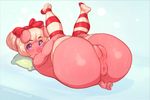  1girl animal_ears anus aqua_eyes cyancapsule furry hair_ribbon holding_legs laying legs_up looking_at_viewer lying on_back original pig_girl pig_tail pillow purple_eyes pussy pussy_juice simple_background smile solo solo_focus sweat thick_thighs thighhighs white_hair 