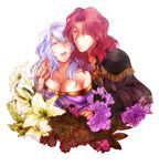  1girl :d ^_^ ^o^ alvis_(fire_emblem) bare_shoulders breasts bridal_gauntlets circlet cleavage closed_eyes diadora_(fire_emblem) dress fire_emblem fire_emblem:_seisen_no_keifu flower hako_(grungrrr) large_breasts lavender_hair long_hair open_mouth purple_hair red_hair robe smile strapless strapless_dress 