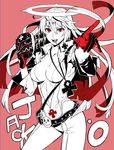  :d belt breasts candy cleavage food gloves guilty_gear guilty_gear_xrd halo jack-o'_valentine kaneshiki_suisse large_breasts lollipop long_hair looking_at_viewer mask mask_removed open_clothes open_mouth pink_background red_eyes red_gloves simple_background smile solo teeth 