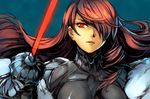  bodysuit hair_over_one_eye hankuri kirijou_mitsuru long_hair persona persona_3 persona_4:_the_ultimate_in_mayonaka_arena rapier red_eyes red_hair solo sword weapon 